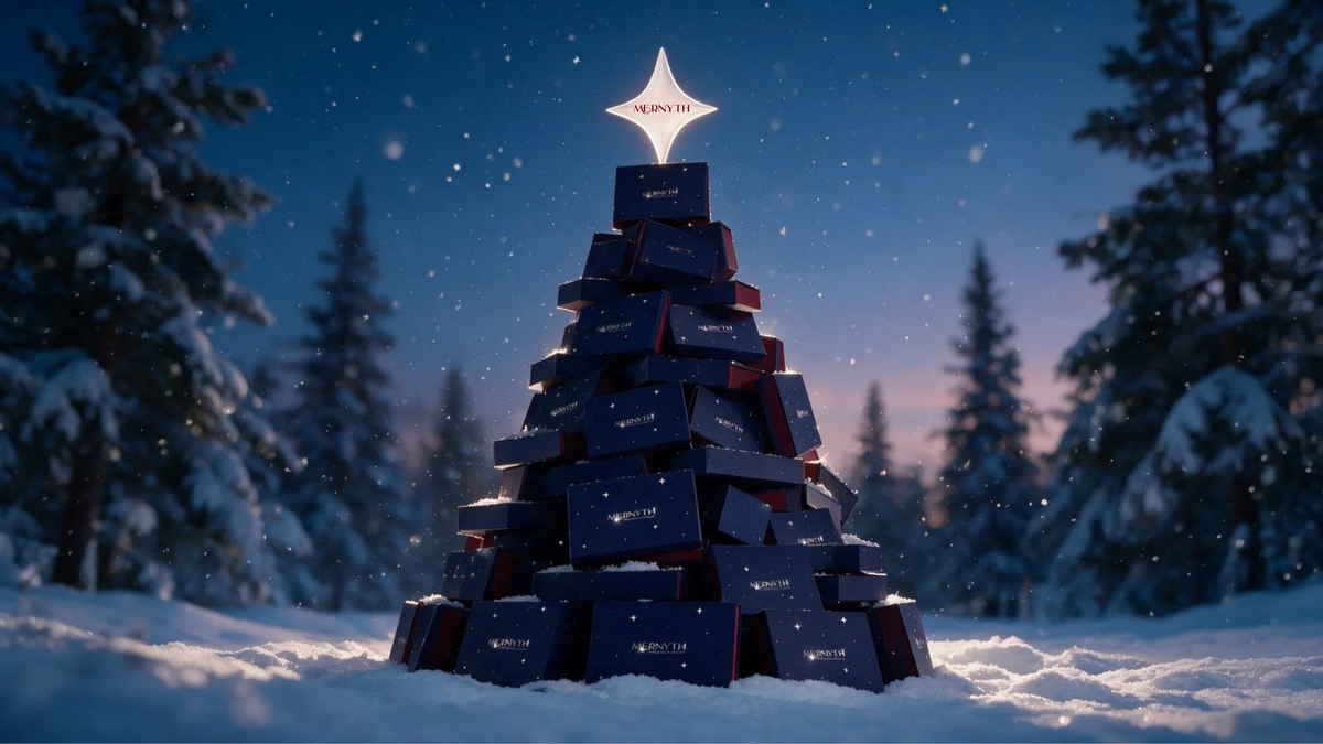 Nuit Etoilee calendar boxes stacked as a Christmas tree in the snow, Mernyth star on top