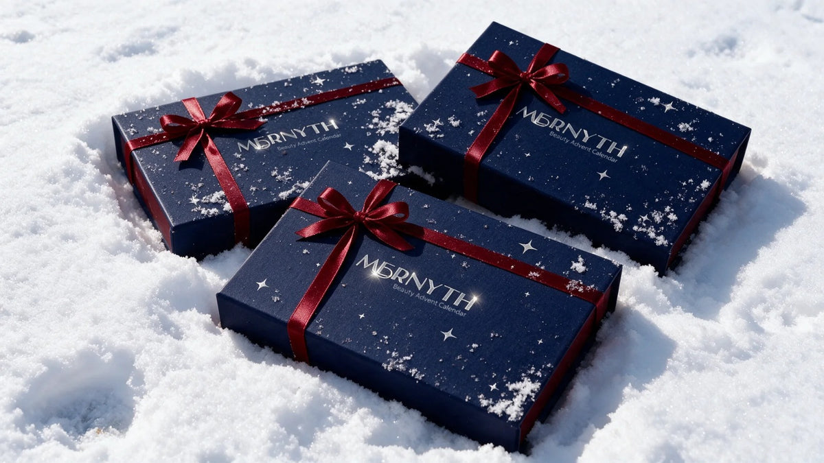 Three Nuit Etoilee calendar boxes tied with burgundy ribbon in the snow